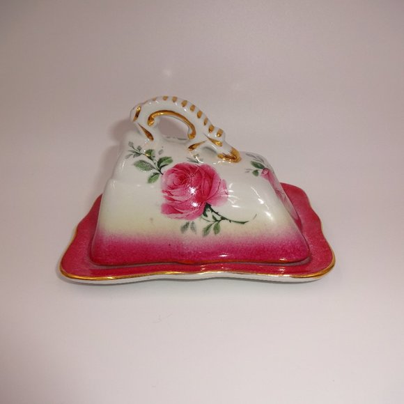 Vintage Pink White N Decor A Sevre Slanted Covered Butter Cheese Dish Flowers